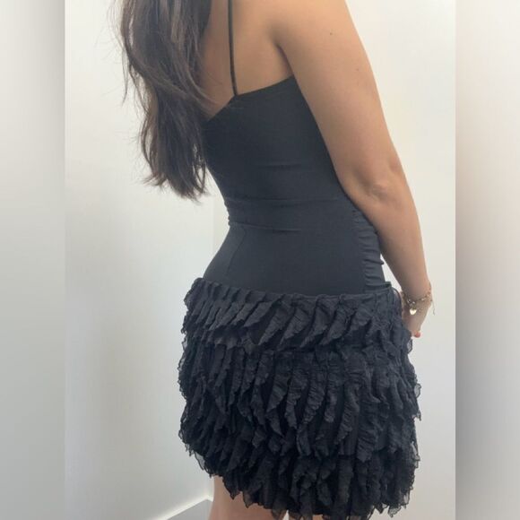 Vintage Y2K Black Spaghetti Strap Ruffle Hem Square Neck Party Mini Dress S - Picture 2 of 11
